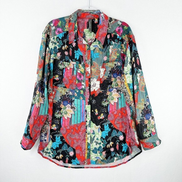 ANTHROPOLOGIE Patchwork Button Up Blouse Sz XL Paisley Floral - Picture 1 of 14